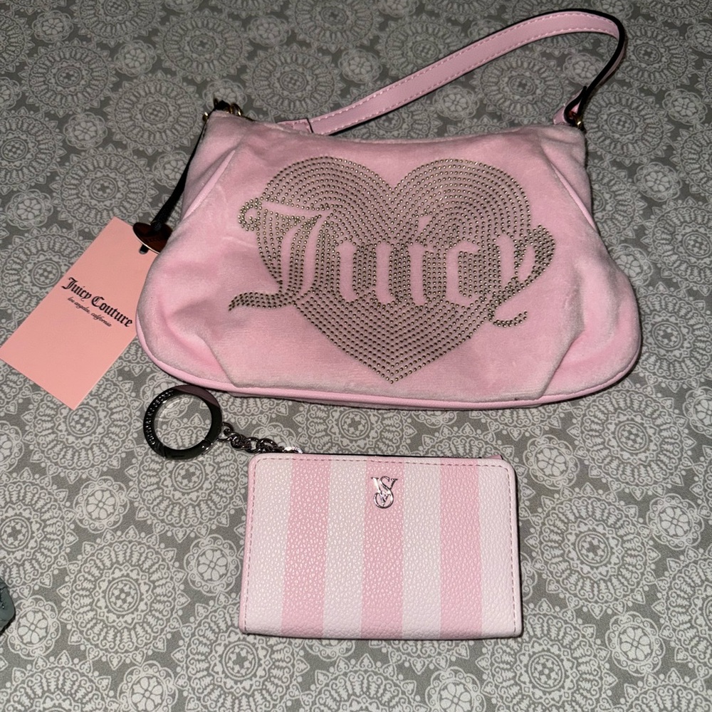 Juicy Couture Pink Heart Shoulder Bag with Victoria Secret key chain card Wallet